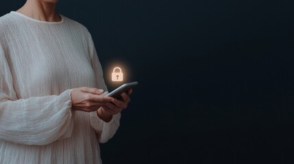 Fototapete - Cybersecurity Chic Indian Woman with Smartphone and Digital Lock-Hologram on Dark Backdrop - Cutting-Edge Privacy Content and Mobile Security Marketing
