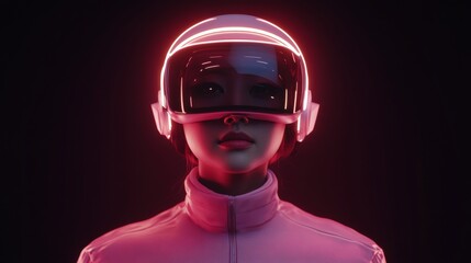 Aufkleber - Neon Digital Stage Korean Woman in Futuristic VR Helmet and Avant-Garde Attire - Immersive Audience Engagement and Interactive Tech for Virtual Entertainment Platforms