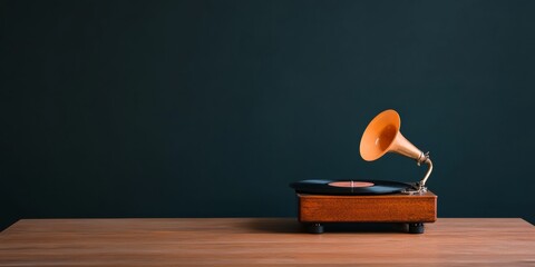 Aufkleber - Vintage Audio Revival Polished Brass Gramophone on Wooden Table for Retro-Themed Cinematic Media and Cultural Heritage Displays