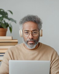 Poster - Contemporary Remote Learning Mature Man Engaged in Online Course at Minimalist Home Office - Enhancing Skills for Career Growth in the Digital Age