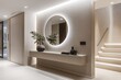 © KPMusa - A modern entryway with a floating console table, large round mirror, and sleek, recessed lighting