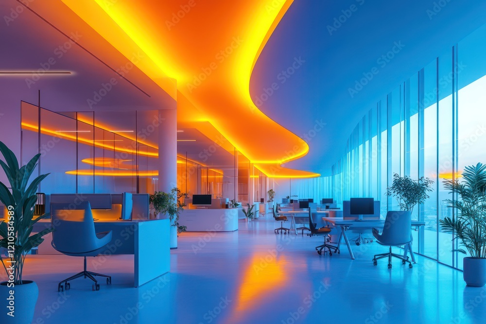 A modern office interior with an open layout, ergonomic setups, and a ...