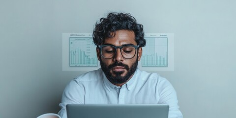 Poster - Minimalist Financial Growth Workspace Indian Man Analyzing Stock Market Trends on Laptop for Modern Remote Investing - Digital Tools and Business Innovation in Personal Finance