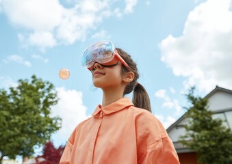 Aufkleber - Augmented Reality Experience Child in Vibrant Outdoor Setting with Innovative VR Headset - Interactive Learning and Digital Play for Modern Education and Child Development