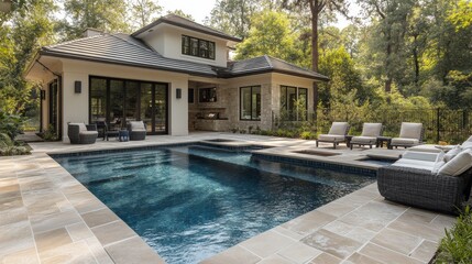 Wall Mural - Modern backyard oasis with swimming pool surrounded by lush greenery and inviting lounge chairs