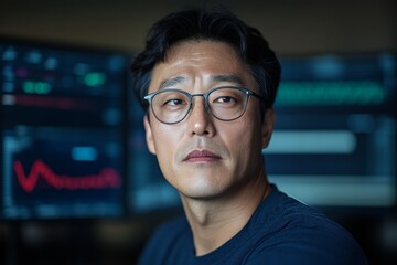 Poster - Tech-Driven Financial Analysis South Korean Businessman Analyzing Currency Fluctuations on Digital Monitors in a Modern Office - Economic Strategy and Global Market Insights