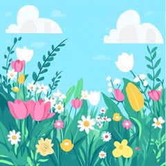 Wall Mural - Illustration of a colorful spring scene with blooming flowers and diverse floral elements