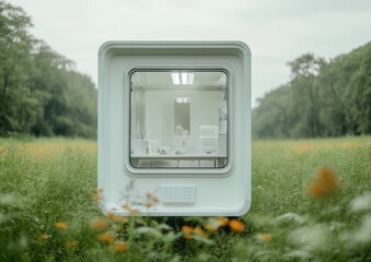 Aufkleber - Eco-minimalist Field Research Hub Compact Solar-powered Lab in Scenic Meadow for Sustainable Science and Environmental Monitoring - Green Tech for Conservation Professionals