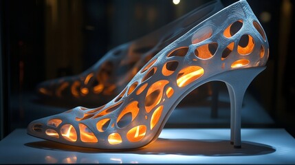 Canvas Print - Stylish wooden high heel shoe with intricate cutouts showcasing light effects