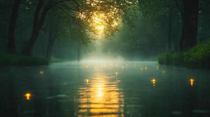 Sticker - Serene autumn sunrise over tranquil lake with colorful foliage reflecting on water