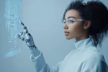 Poster - Futuristic AI Interface Robotic Hand with Digital Hologram - Human-AI Synergy in Business Innovation and Tech-Driven Automation Solutions