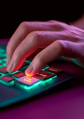Poster - Futuristic Tech Vibes Close-Up of Hands on LED-Backlit Keyboard with Free Speech Sticker - Cybersecurity, Digital Advocacy and Anti-Censorship Tools for Modern Businesses