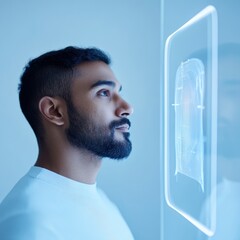Aufkleber - Contemporary Digital Wellness South Asian Male Consultant Analyzes Biometric Data on Glass Display in Modern Blue-White Medical Facility with Health Sensor Furniture