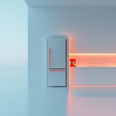 Poster - Minimalist Smart Kitchen Sleek Cabinets and Integrated Smart Fridge with Ambient LED Lighting - Cutting-Edge IoT Home Tech for Modern Living Spaces