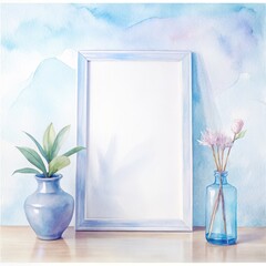 Wall Mural - Minimalist watercolor frame with blue and pink vases on wooden table