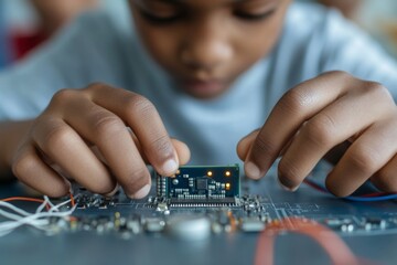 Leinwandbilder - Child-Led Innovative Tech Interactive Circuit Board Assembly for Digital Natives in STEAM Classrooms - Enhancing Critical Skills through Hands-On STEM Projects
