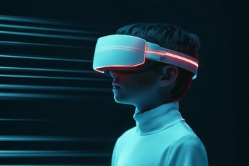 Aufkleber - Neon-Futuristic VR Experience Child in Immersive Virtual Reality Education Scene with Glowing Graphics for EdTech and Gaming Innovation