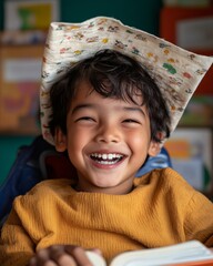 Aufkleber - Colorful Inclusive Library South Asian Boy with Cerebral Palsy in Interactive Reading Space - Enriching Educational Content and Diversity-Focused School Design