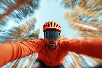 Poster - Dynamic Motion Middle Eastern Male Cyclist Navigates Forest Trail in Vibrant Gear with Smart Tech - Active Lifestyle Imagery for Health Monitoring and Eco-Wellness Campaigns