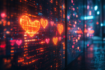 Poster - Colorful holographic love letters illuminate a cybernetic corridor at night
