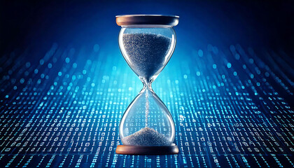 Poster - A mesmerizing hourglass rests on a vibrant blue binary code backdrop, symbolizing the passage of time in the digital age.
