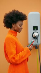 Aufkleber - Sustainable Urban Living Young African American Woman Using EV Charging App by Public Electric Station - Eco-Friendly Tech for Modern Transportation and Urban Innovation