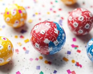 Poster - Vibrant Lottery Ticket Spheres Dynamic Colorful Patterns on White - Interactive Gaming Graphics and Modern Entertainment Marketing