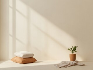 Aufkleber - Minimalist Wellness Nook Linen Meditation Cushion and Clay Planter in Sunlit Urban Apartment - Modern Mindfulness and Eco-Lifestyle Design for Real Estate Marketing