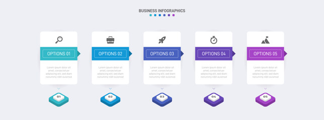 Horizontal progress bar featuring 5 arrow-shaped elements, symbolizing the five stages of business strategy and progression. Clean timeline infographic design template. Vector for presentation