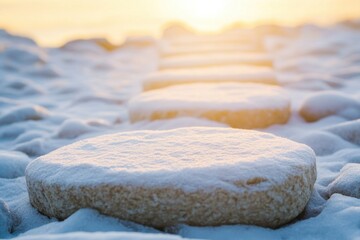 Wall Mural - Snow-covered stepping stones, a serene winter scene, perfect for using as a backdrop or adding texture to your design