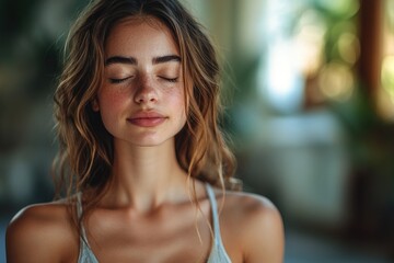 Wall Mural - A woman relaxing or meditating with her eyes closed