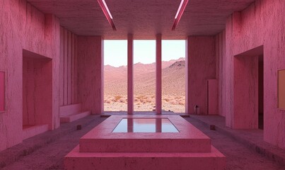 Poster - A floating platform in a minimalist design space, offering a view of a grassy field
