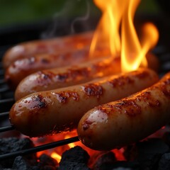 The image shows three sausages cooking on a grill with flames. The grill is made of charcoal and there are small pieces of charcoal scattered around the grill.