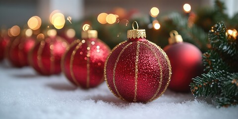 Sticker - Row of red Christmas ornaments sit on top of snowy ground, perfect for winter holiday decorations