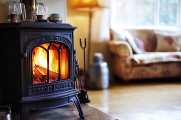 Wall Mural - A stove sitting in a cozy living room next to a couch, suitable for interior design or home decor photography