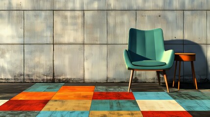 Poster - An empty chair and table situated by the wall, bathed in sunlight and complemented by a geometric artwork, ideal for design and lifestyle settings