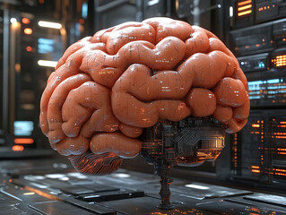 Poster - Cybernetic brain, futuristic AI concept.  Highdetail 3D render of a human brain integrated with technology, perfect for science fiction, AI, technology, and medical imagery.