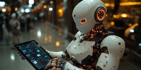 Poster - A robot holding a tablet computer in a modern setting