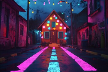 Poster - Glowing geometric shapes, bright orbs, and vibrant colors form an abstract concept of a digital home, highlighting modern technology and future innovation in real estate and architecture