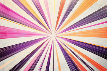 Poster - Vibrant abstract pattern of radiating lines in purple, orange, and pink on a soft gray background with sharp detail and modern design