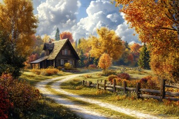 Wall Mural - Winding country road leading to cozy log cabin in autumn forest