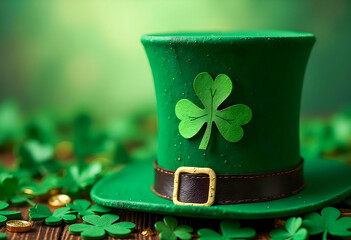 green top hat adorned with a shamrock, surrounded by scattered shamrocks and gold coins on a wooden surface, is associated St. Patrick's Day, March 17th, St. Patrick, the patron saint of Ireland.