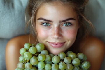 Sticker - A woman holding a bunch of fresh green grapes