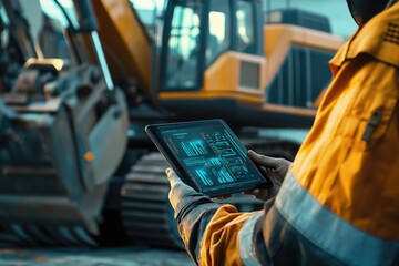 Poster - a person wearing a yellow jacket holds a tablet computer