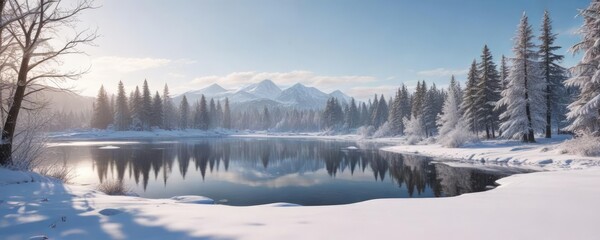  A winter landscape with snow-covered trees and a frozen lake in the background, calmness, snow-covered trees, wintry charm