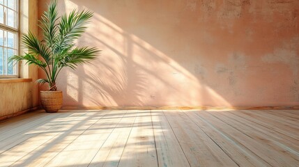 Poster - Sunlight and shadow dance on a beige wall next to a wooden shelf