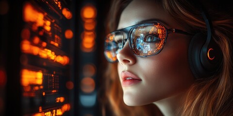 Poster - a person sitting at a desk with headphones and glasses, focused on a computer screen