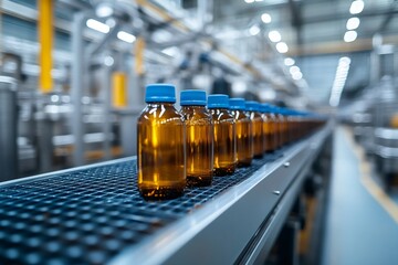 Aufkleber - Pharmaceutical production line conveying amber glass bottles in modern factory