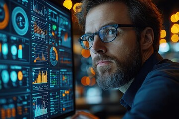 Poster - a person looking at a computer screen wearing glasses
