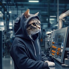 Poster - A curious cat sits in front of a computer, wearing a hoodie